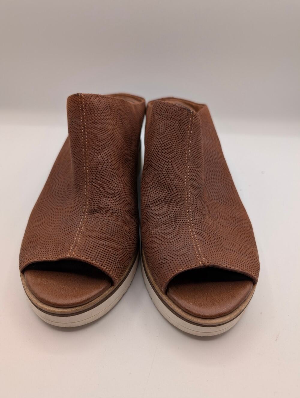Tamaris Leather Peep Toe Mules Wedge Sandals Cognac Brown Women's Size 8.5